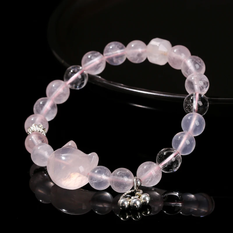 Natural Stone Cat Head Bead Bracelet 8mm Silver Mozambique Star Rose Obsidian Copper Accents Jewelry for Unisex Daily Wear Gift