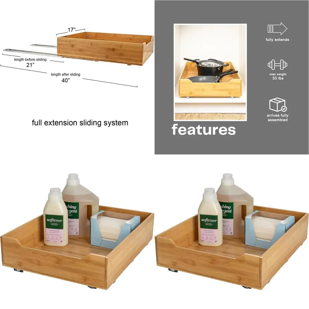 

Одноуровневый выдвижной органайзер для хранения из бамбука и стали для шкафов или установки под полкой, натуральный цвет