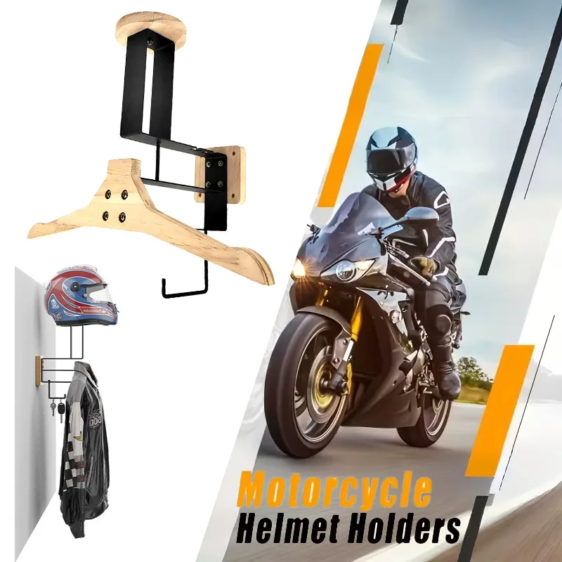 Stainless Steel Wall Mount Wooden Motorcycle Helmet Holder for Tactical Helmets Vests Skiing Gear Motorcycle Accessories Storage