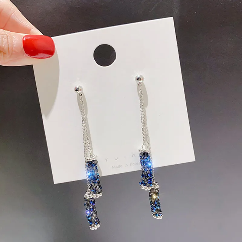 2022 new geometric blue column long crystal earrings charm women\'s all-match accessories