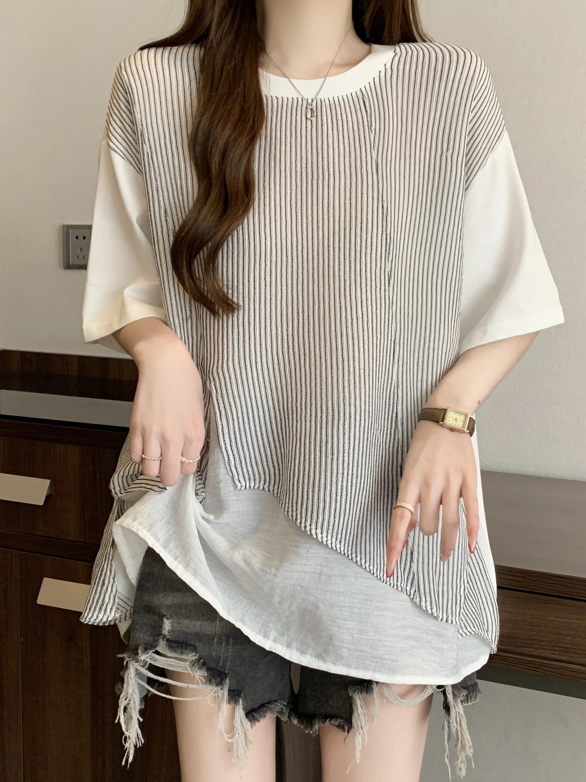 

Loose Short Sleeve T-Shirt plus Size round Neck Stripe Asymmetrical Splicing Fake Two-Piece Versatile Flattering plus MM