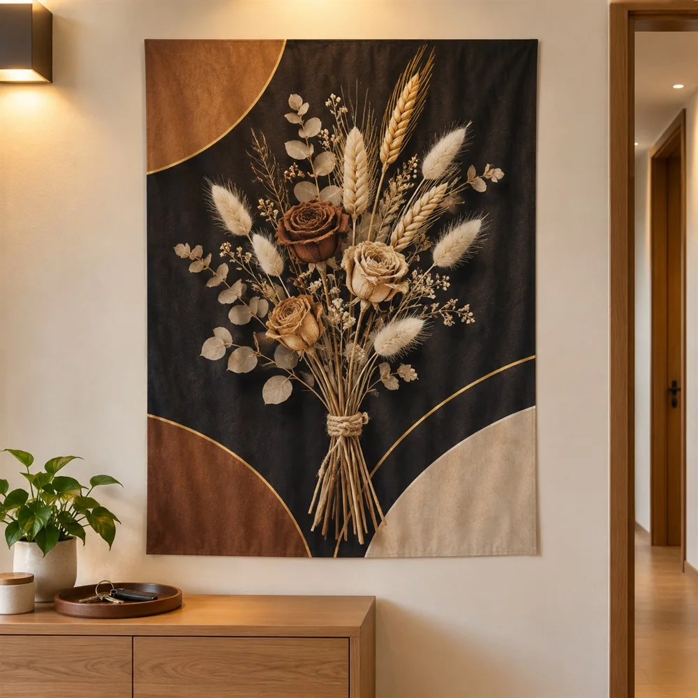 VIKAMA Dried Flower Bouquet Tapestry Wall Hanging, Rustic Botanical Wall Decor Tapestries for Living Room Bedroom Study Kitchen