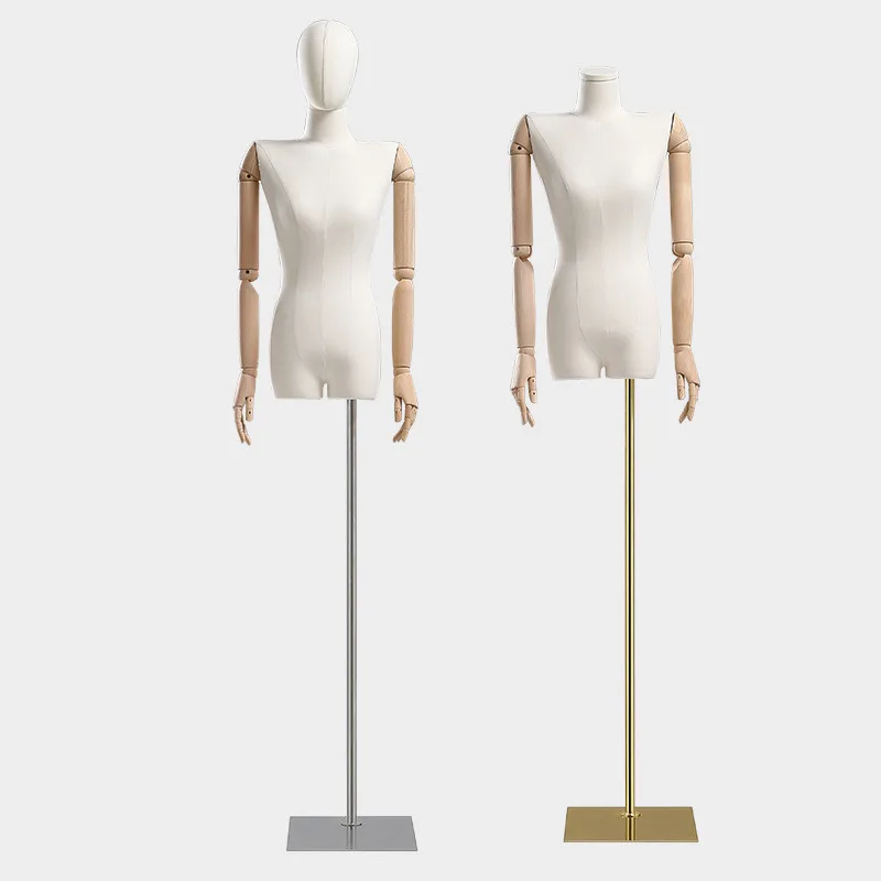 Fabric Cover Female Flat Shoulder Half Body Mannequin Torso Metal Base with Wood Arm for Clothing Display Adjustable Rack