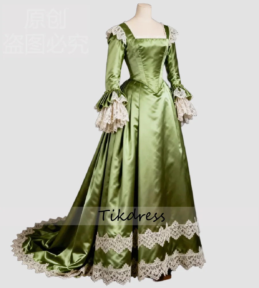 

14th Late Green Costume Medieval Evening Dress With Long Sleeve Retro Satin French Prom Dress 2026 Colonial Civial Tea Party