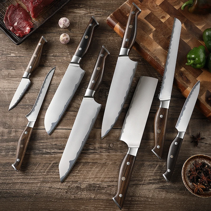 TJ POP Forged 8 Pcs Kitchen Knives Set 4Cr13 Stainless Steel Quicksand Pattern Sharp Paring Boning Santoku Chef's Cutting Knife