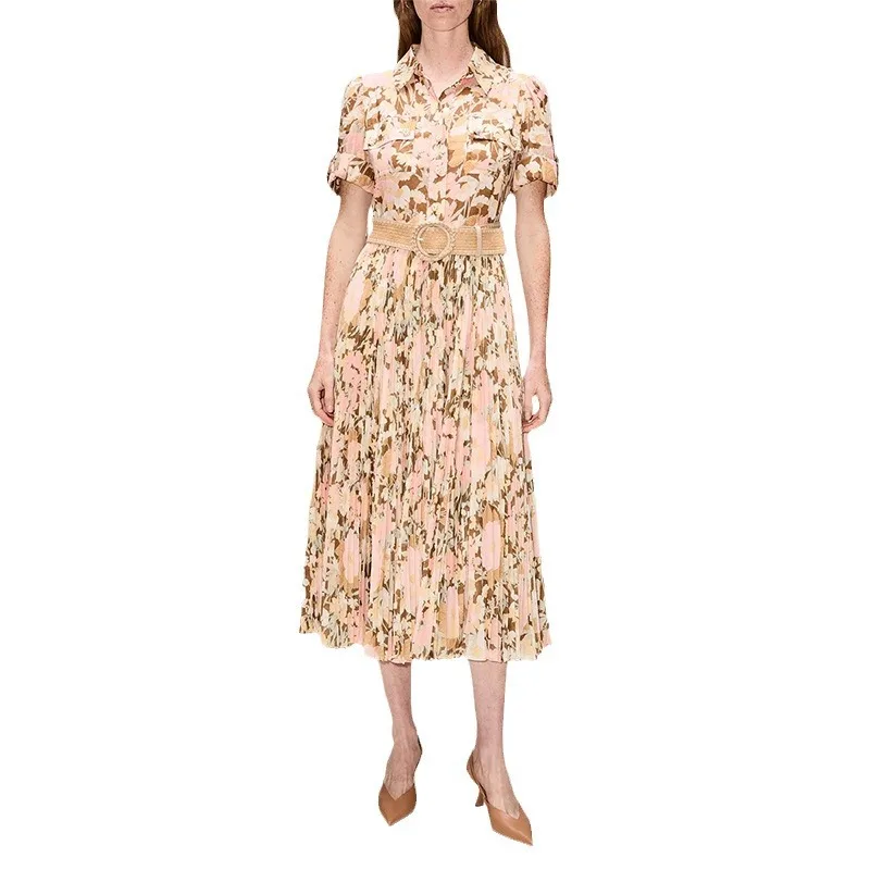 Elegant and Stylish Long Dresses Women's New Style Featuring A Lapel Waist Cinching Lace Up Printed Pleats Short Sleeved Dress