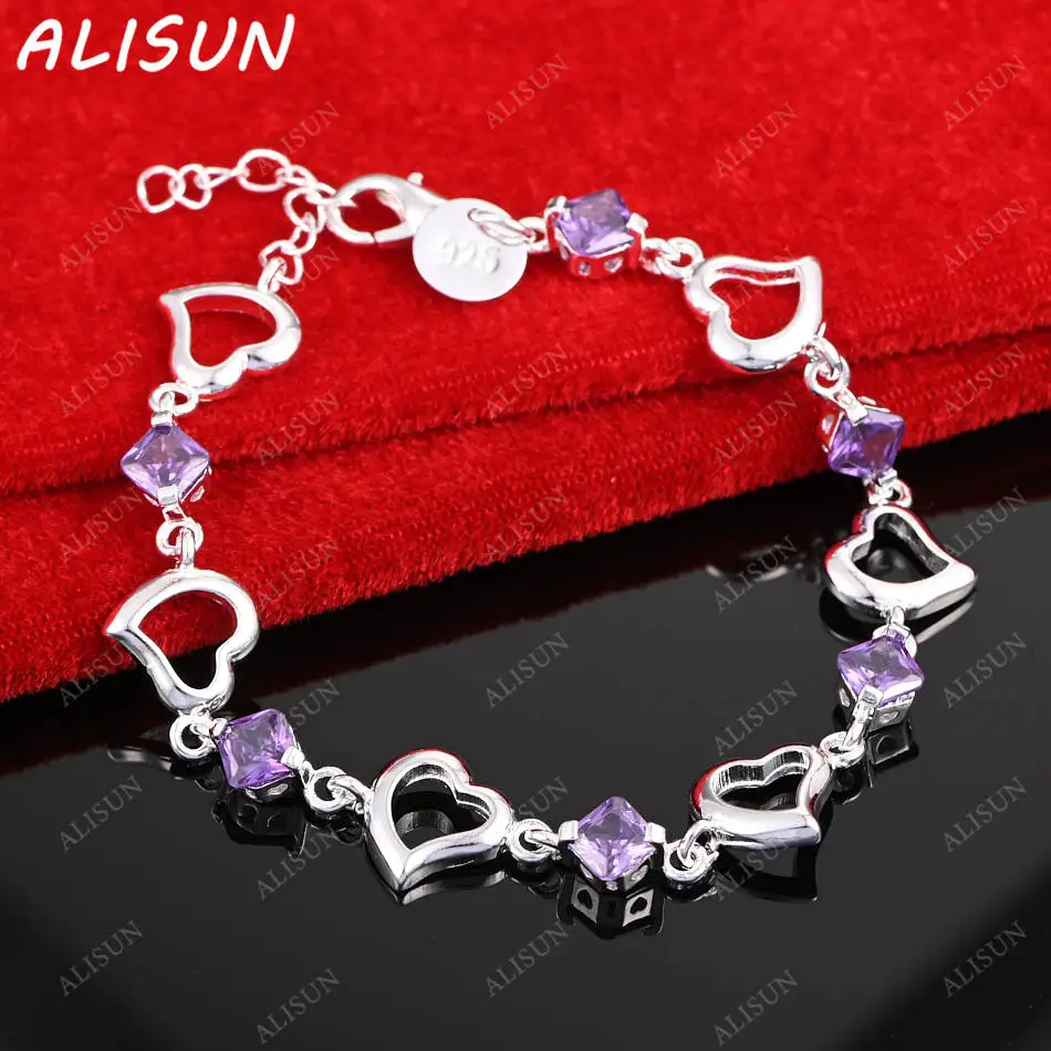 

ALISUN 925 Sterling Silver Purple Zircons Hearts Bracelet For Women Anniversary Gift Popular Wild Fashion Romantic Jewelry