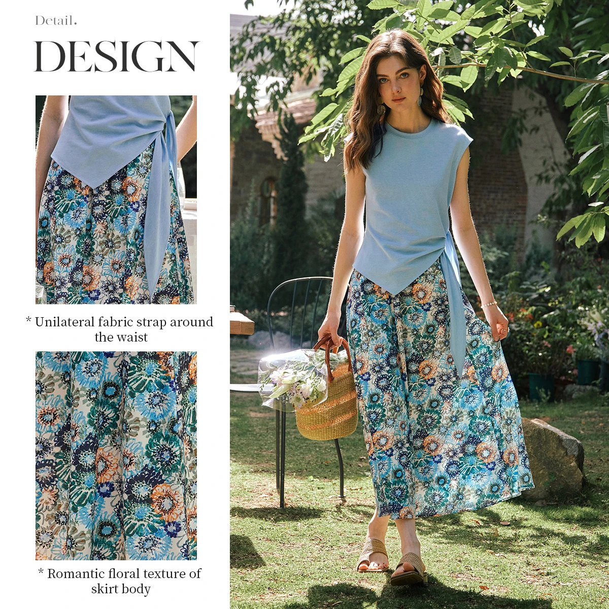 Olrain 2 peça define mulher roupas de férias 2025 verão moda saia floral azul cinta-on conjunto superior roupas femininas seto57xe99629