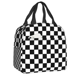 Black And White Checkered Insulated Lunch Tote Bag for Geometric Checkerboard Resuable Cooler Thermal Bento Box Camping Travel