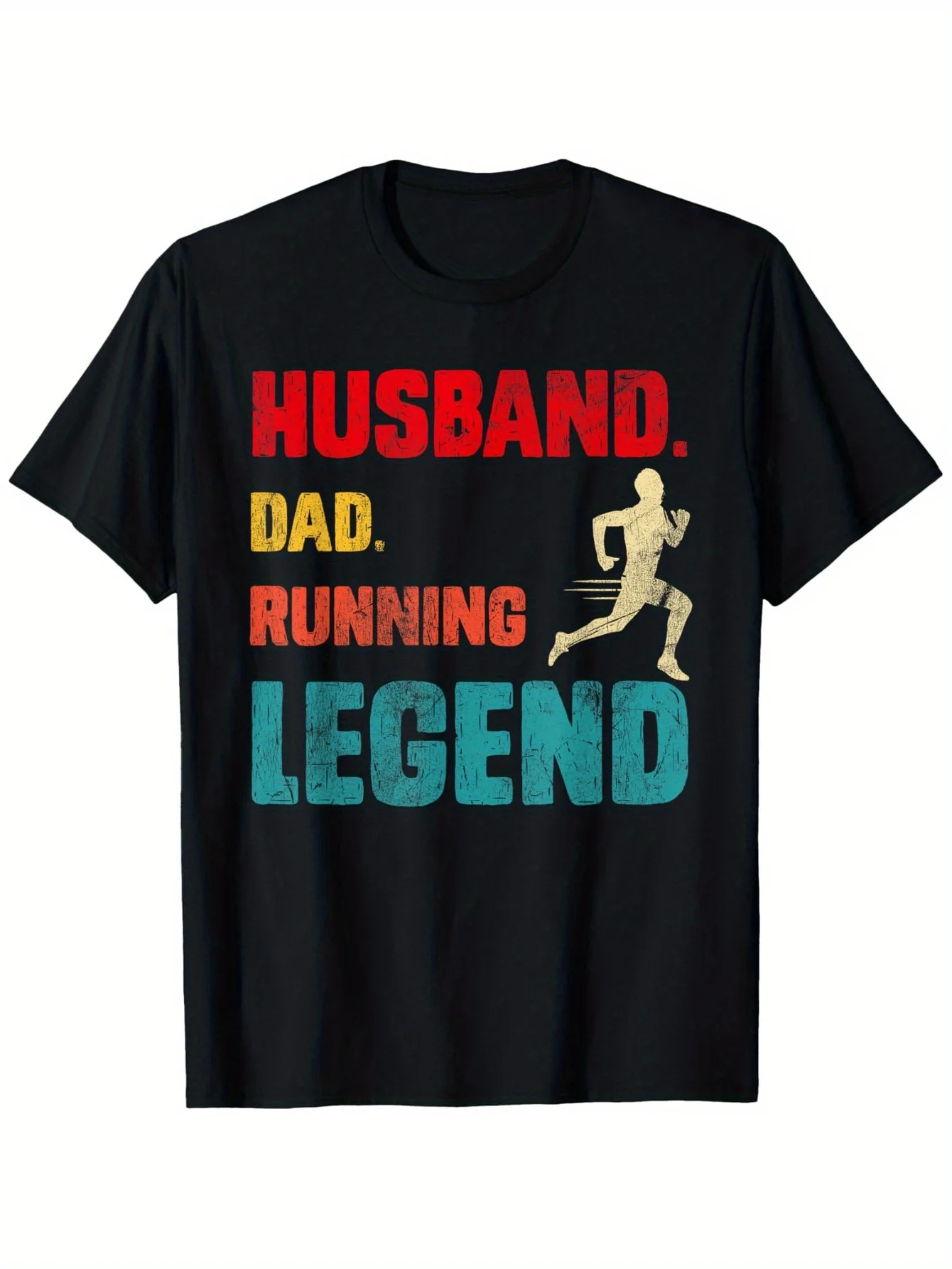

Funny Running Dad Husband Marathon Graphic T-Shirt - Black Cotton Tee with Bold Color Block Print