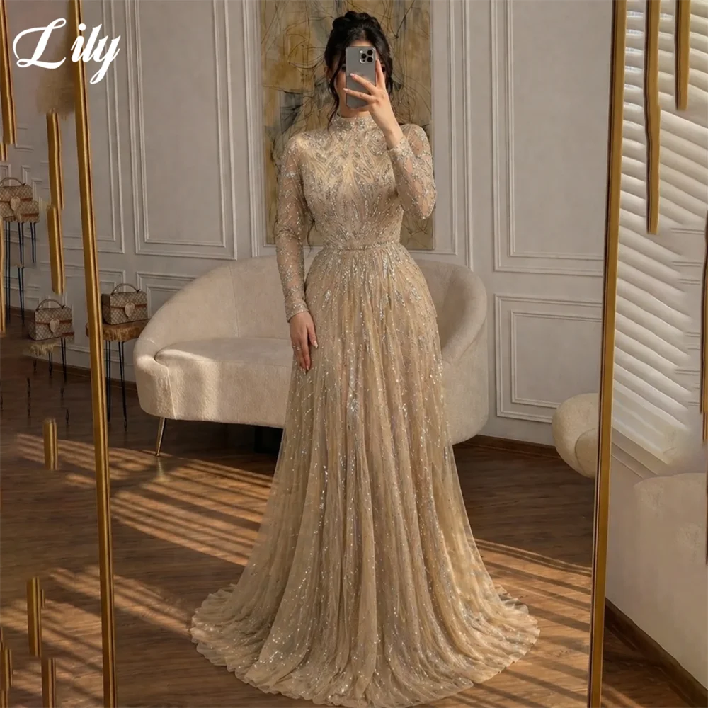 Lily Champagne Evening Gown High Neck Long Sleeve Prom Dress with Sequin Beaded Wedding Dress A Line robes de soirée Customized