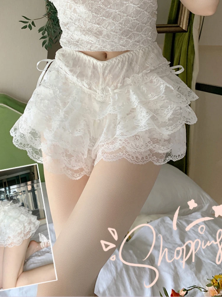 

Lace Trim Layered Ruffle Bloomers for Women Lolita Style Mid Waist Bow Knot Decor Frilly Panties, Monochromatic, Sexy, New, 2022