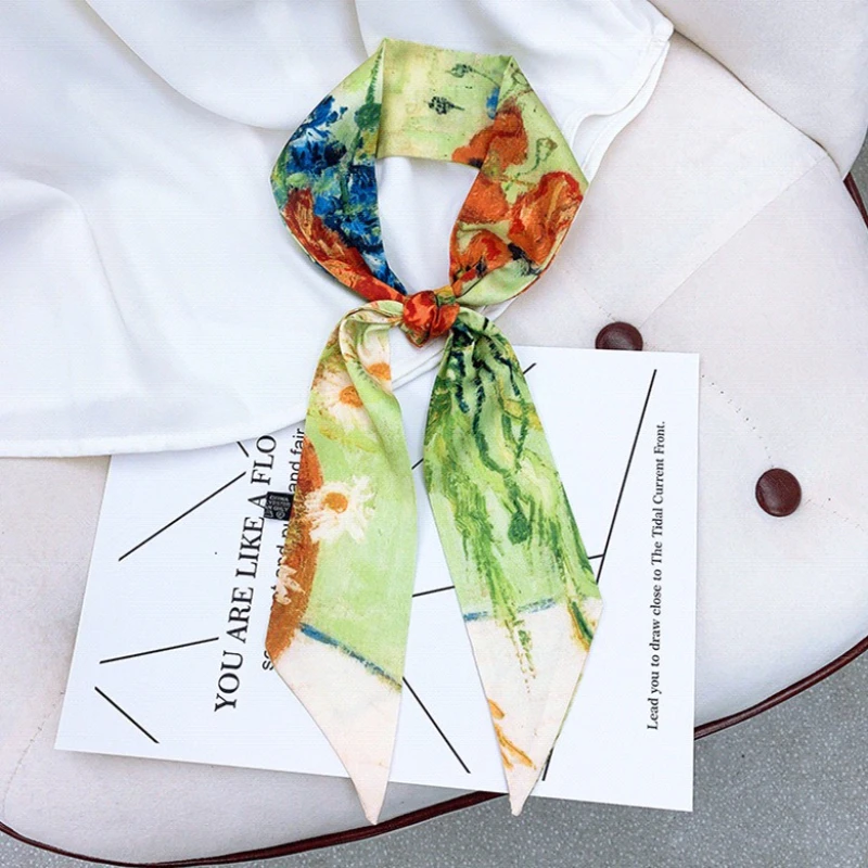 

Long Streamer Retro Silk Scarf Luxury Ribbon Premium Oil Painting Silk Scarf Tied Bag Ribbon Headband
