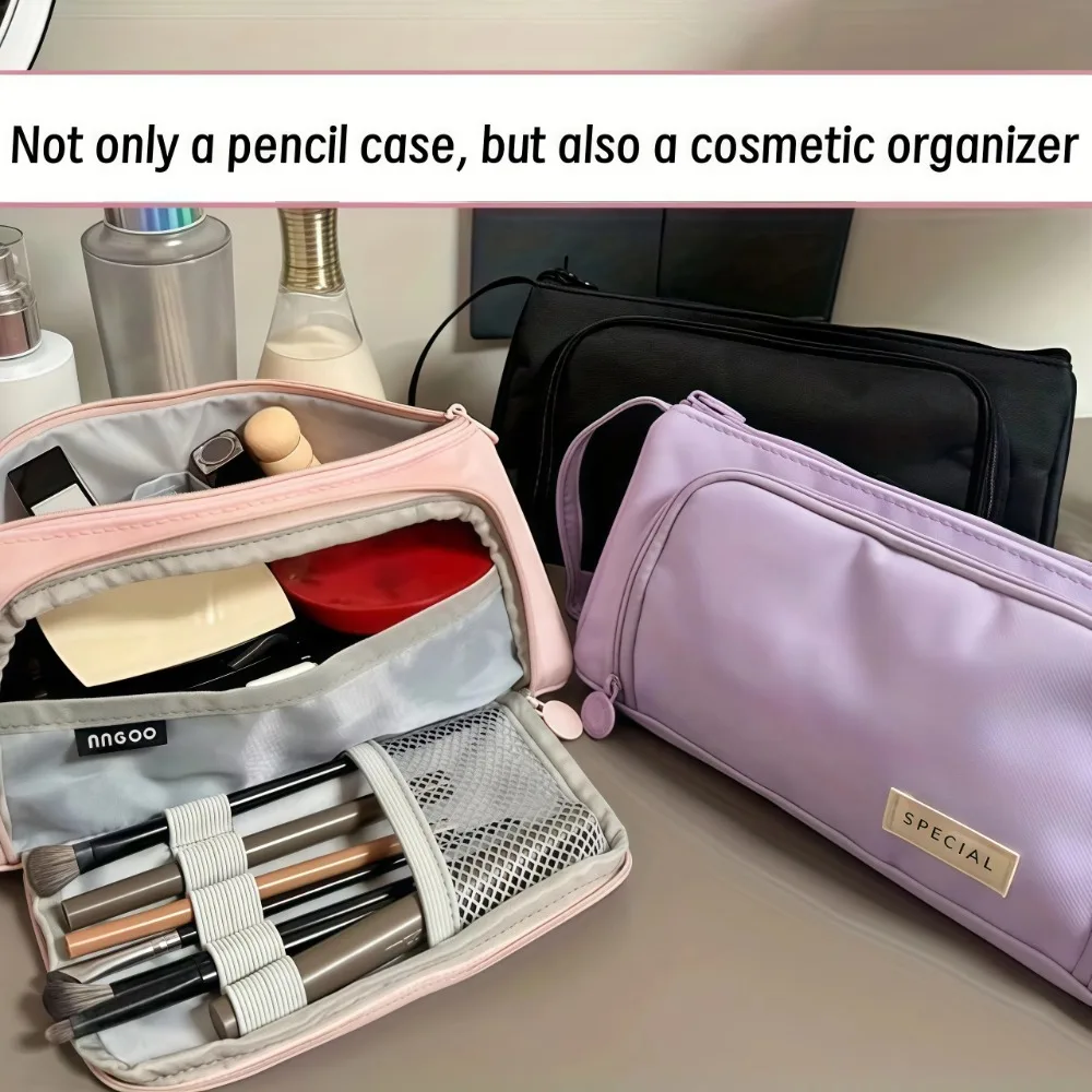 Portable Pencil Case Large Capacity Solid Color Stationery Pouch with Handle Multilayer Pen Box School Office Supplies