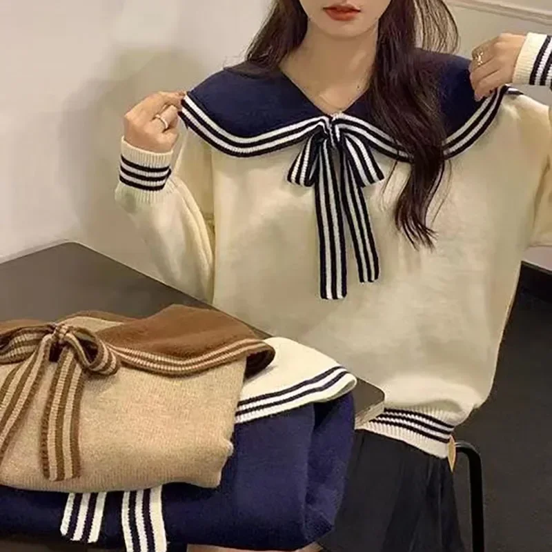 New Vintage Elegant Knitted Sweater Women Sailor Collar Pullover Preppy Style Lace Up Loose Autumn Winter Female Jumper Casual