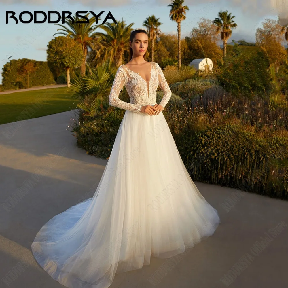 RODDRSYA gaun pernikahan elegan dengan lengan panjang V-Neck Backless gaun pengantin renda Applique klasik Tulle A-Line vetido de novia