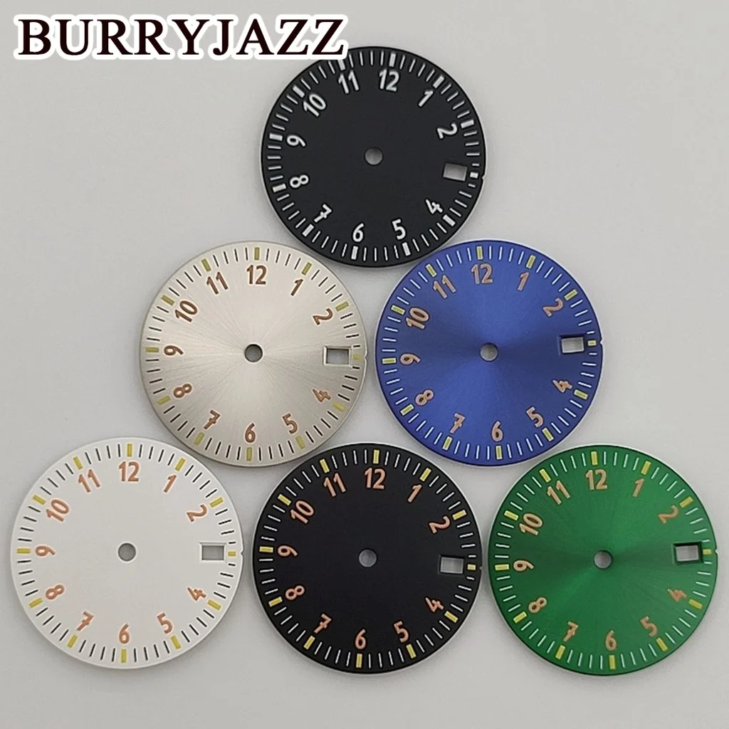 BURRYJAZZ 28.5mm No Logo NH35 Watch Dials Black Blue White Dial Green Luminous Fit 3 O'clock 3.8 O'clock Case Crown