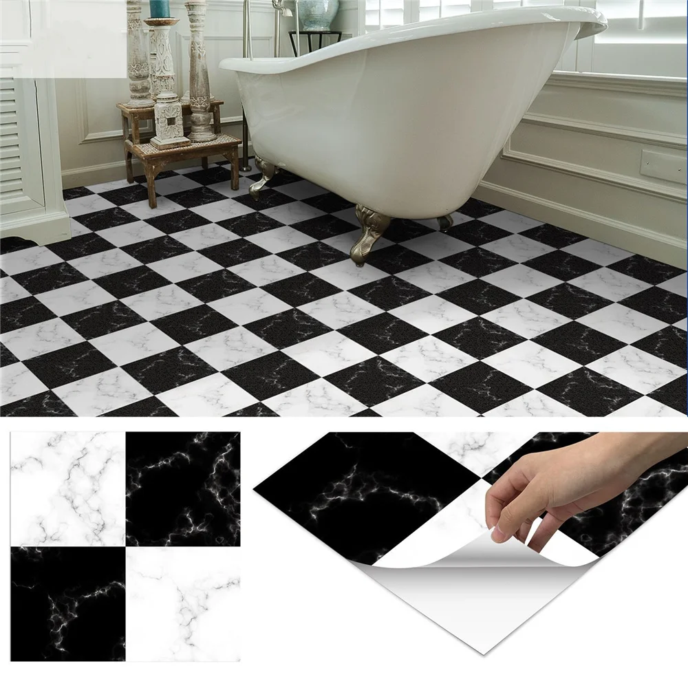 Carreaux de mosaïque noir et blanc, autocollant de sol en marbre Bergame, autocollants décoratifs de rénovation de sol de cuisine, papier peint auto-adhésif