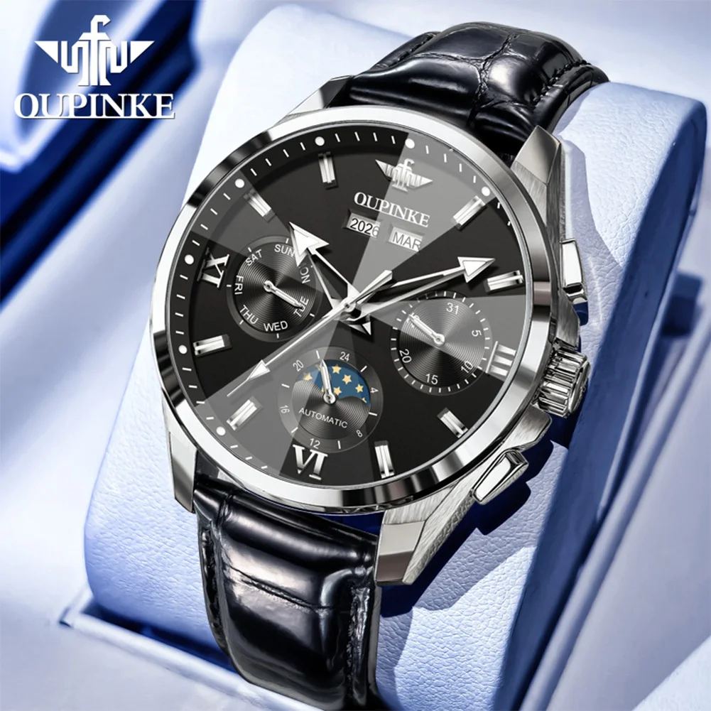 

OUPINKE 3325 Automatic Man Watch Multi Functional Perpetual Calendar Mechanical Men's Watch Leather Strap Moon Phase Wristwatch