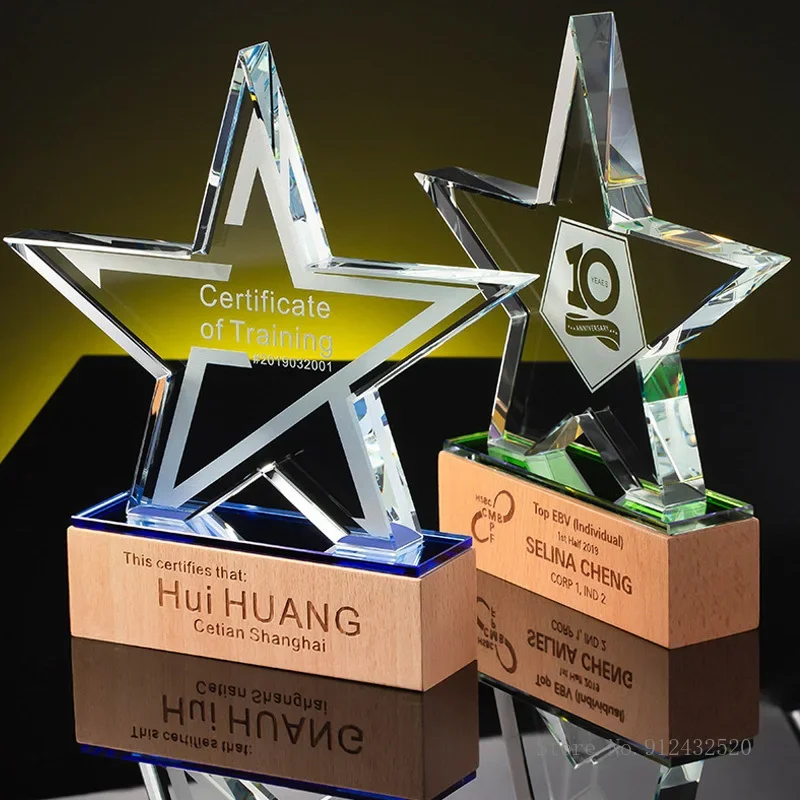 

Customized Five-Pointed Star Transparent Crystal Trophy, Personalized Trophy Decor, Competition Souvenir Award, Wooden Base, 1Pc