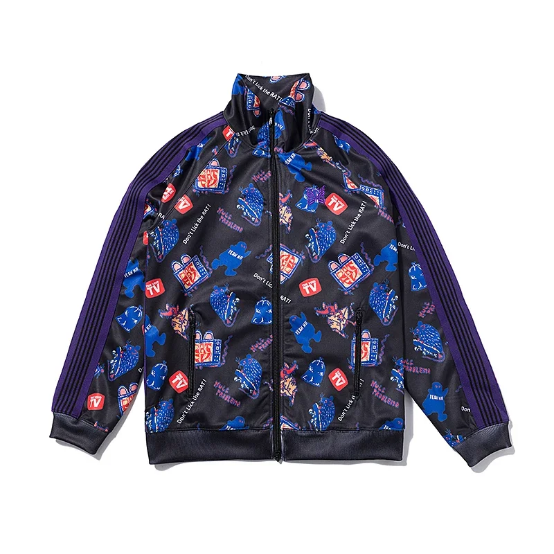 Cartoon Letter Logo Jacket Butterfly Embroidery Coat Oversize Lapel Collar Men Women Webbing Track Stripe Long Sleeve