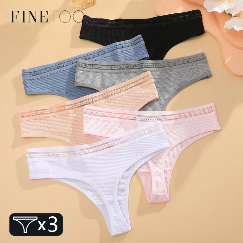 FINETOO 3PCS Cotton Striped Underwear for Women Sexy Hollow Out Waist Briefs Female Stretch Low Rise Lingerie Solid Panties S-XL