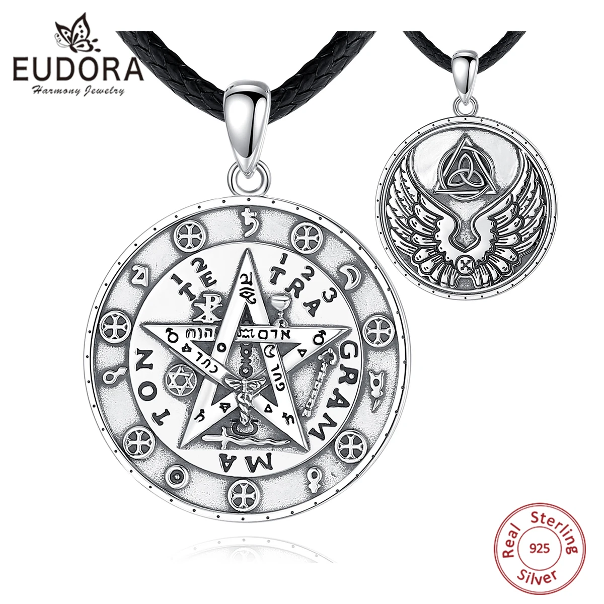 Eudora 925 Sterling Silver Pentagram Runes Necklaces for Women Man Vintage Amulet Star Tetragrammaton Pendant Personality Gift