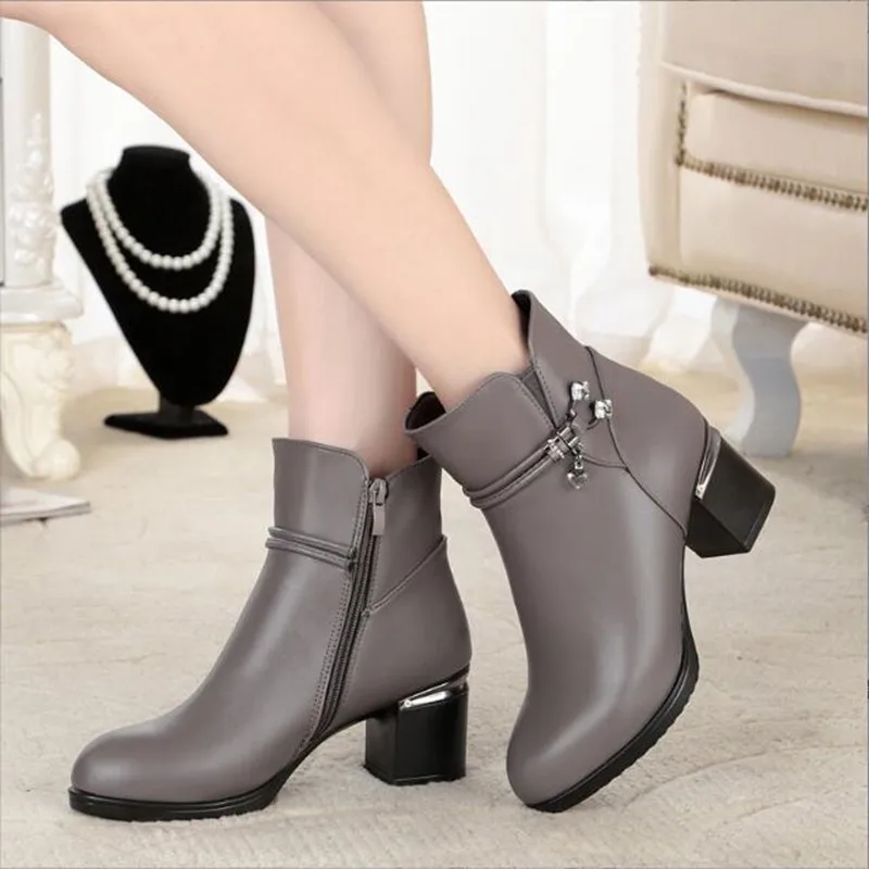 Women Boots Women Genuine Leather Boots Genuine Leather High Heel Ankle Boots Women Thick Wool Winter Snow Boots Women