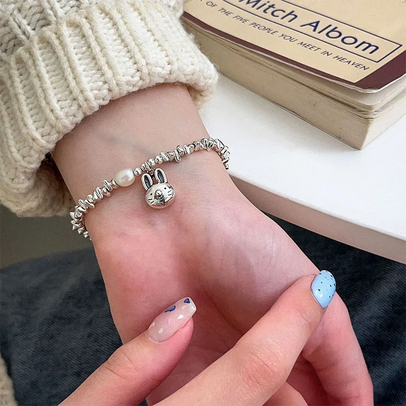 Small Silver Bunny Pendant Pearl Bracelet Women's 925 Sterling Silver Light Luxury Small New Accessories High End Jewelry