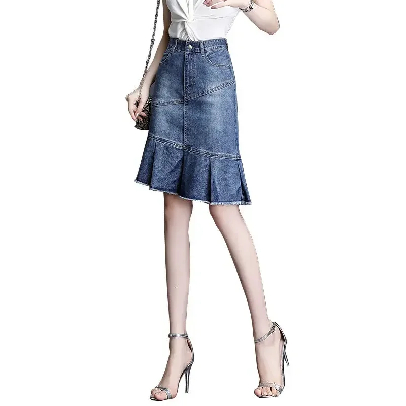 Zipper Blue To Knees Length Jeans Skirts for Women Woman Denim Skirt Fringe High Waist Chubby Midi Luxury Elegant New in V Cheap