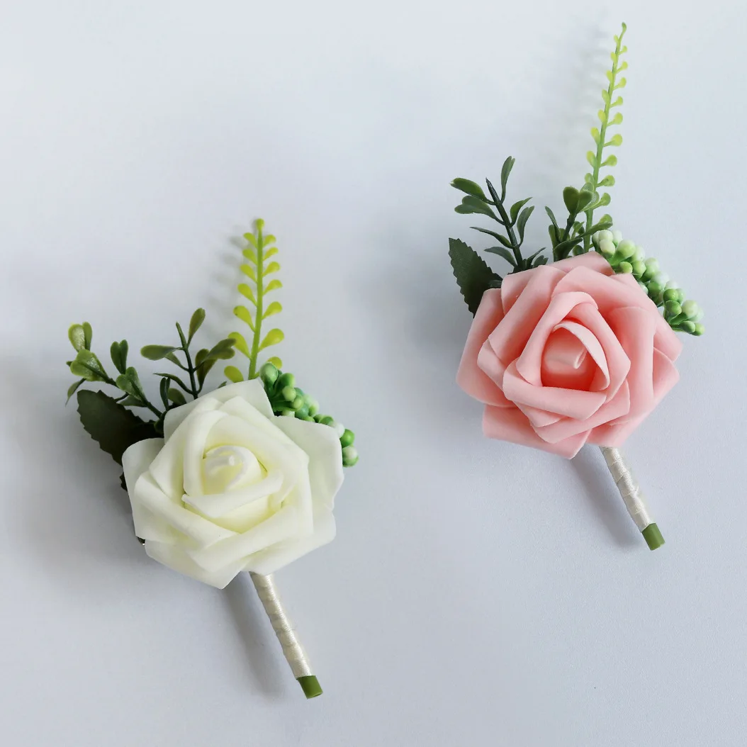 Ramillete de rosa de alta gama, flor de solapa de novia de novio, vestido de boda de banquete, flor de simulación de foto de fiesta, champag