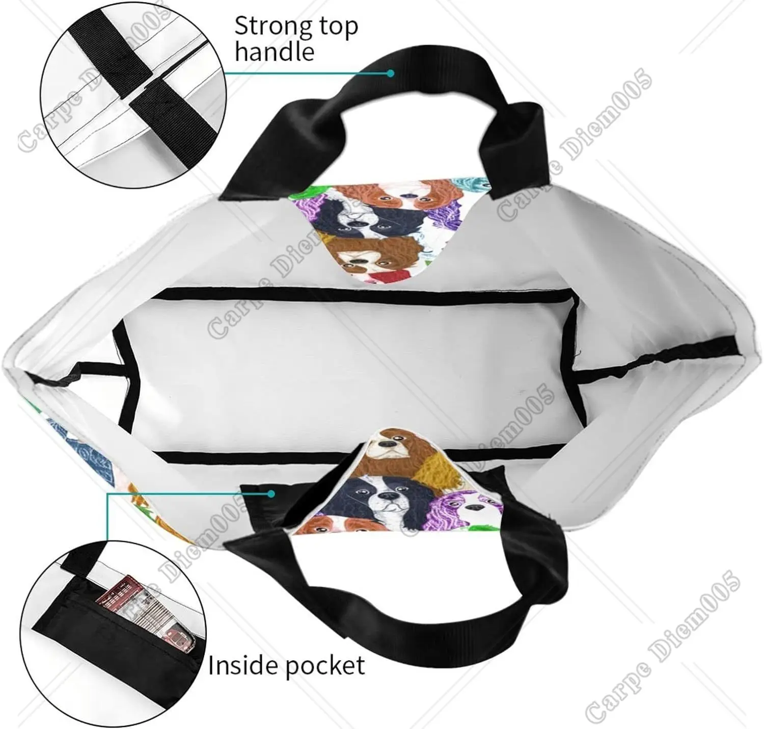 Sac fourre-tout coloré King Charles Spaniel Cartoon, sac à provisions décontracté, sacs réutilisables avec chien imprimé initié, chiot Kawaii mignon