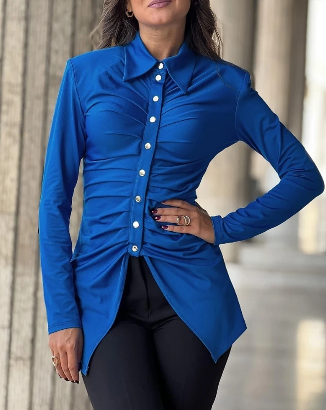 

Hot Selling for Women 2024 Spring Summer Shirt Turn-Down Collar Buttoned Ruched Design Asymmetrical Hem Style Long Sleeve Top