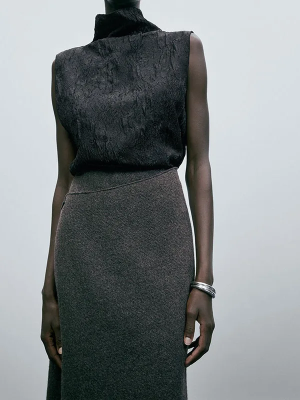 Cosmd Autumn Winter New Arrival Women's Midi Skirt Pure Color Asymmetrical High Waist Commute Vintage f-length Skirts