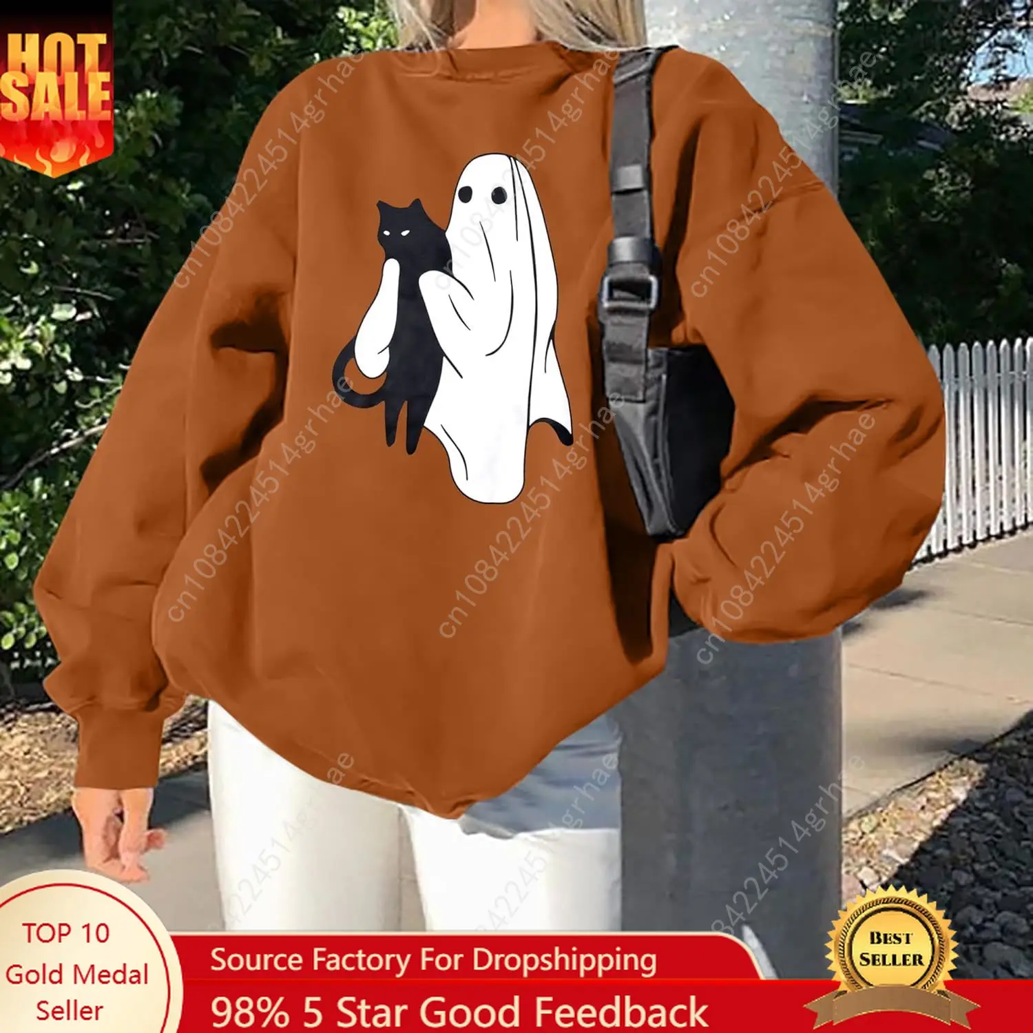 

UNIQUEONE Halloween Spooky Season Sweatshirt Women: Oversized Black Cat Ghost Sweatshirts Fall Embroidered Pullover Top