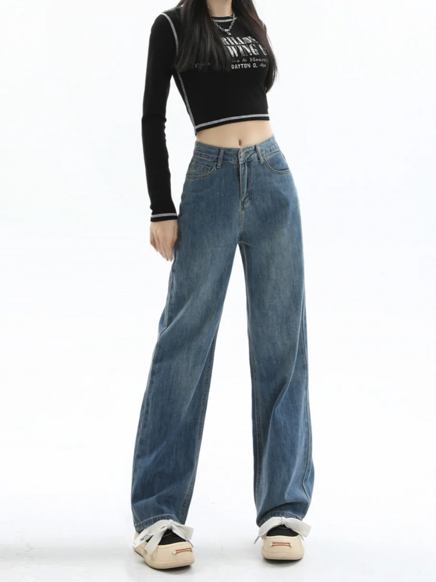 

Синие широкие джинсы в стиле ретро, женские свободные брюки длиной до пола, высокая талия, груша, апей, прямой крой, осенний сезон