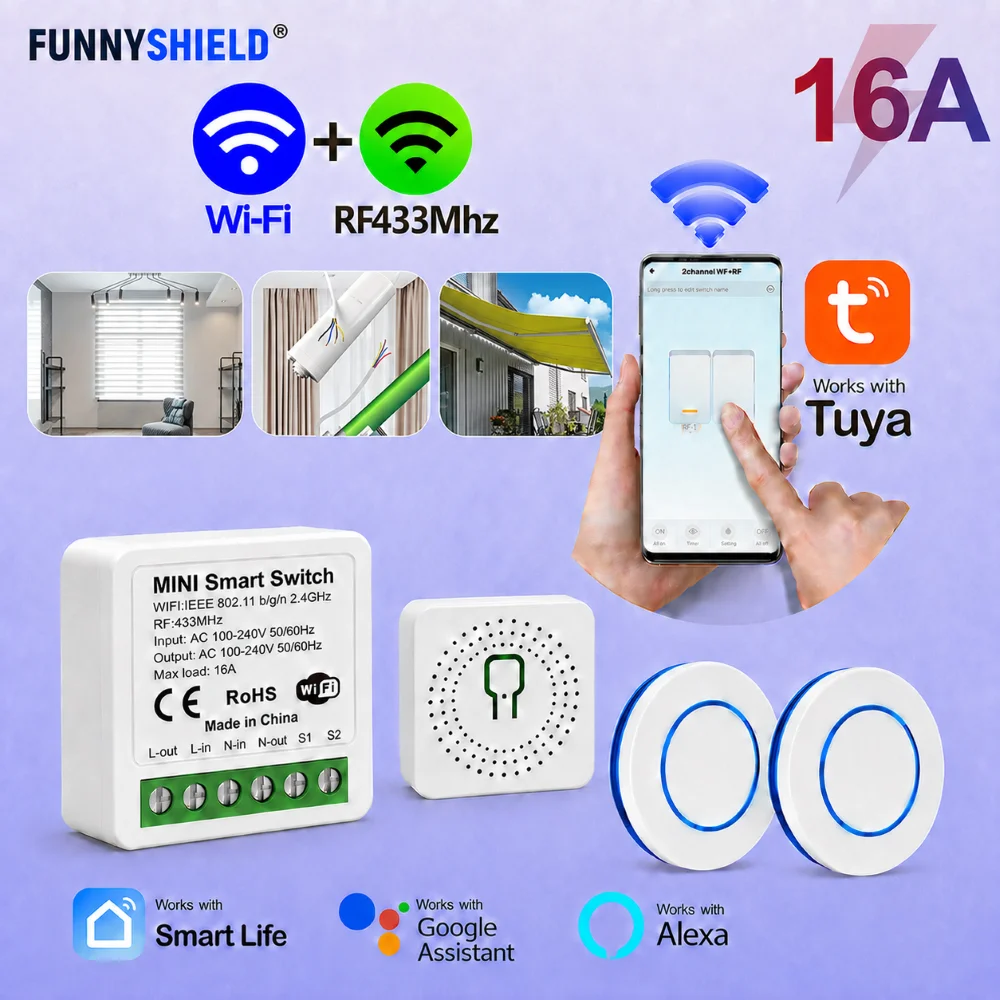 FUNNYSHIELD 16A Tuya WiFi Smart Light Switch 433MHz Wireless Remote Control Relay Controller Voice Control for Lamp Garage Door