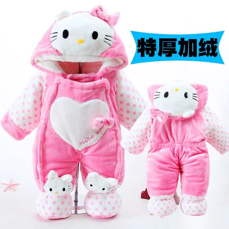 HelloKitty Mickey Mouse Baby Winter Jumpsuits Warm Fluffy Rompers For Infants Boys Girls Onesies Clothes With Hat Kids Sleepwear