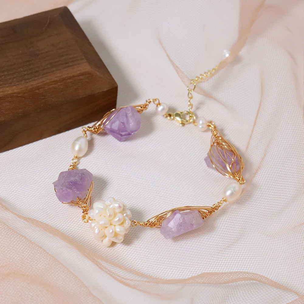 Natural Freshwater Pearl Flower Ball Amethyst Bracelet Korean Style Women Luxury Jewelry Fashion Ladies and Girls Gift GB1168