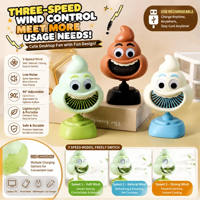 Funny Poop Emoji Mini Desktop Fan USB Rechargeable 3 Speed Low Noise Portable Desk Fan For Office Home Summer Gift