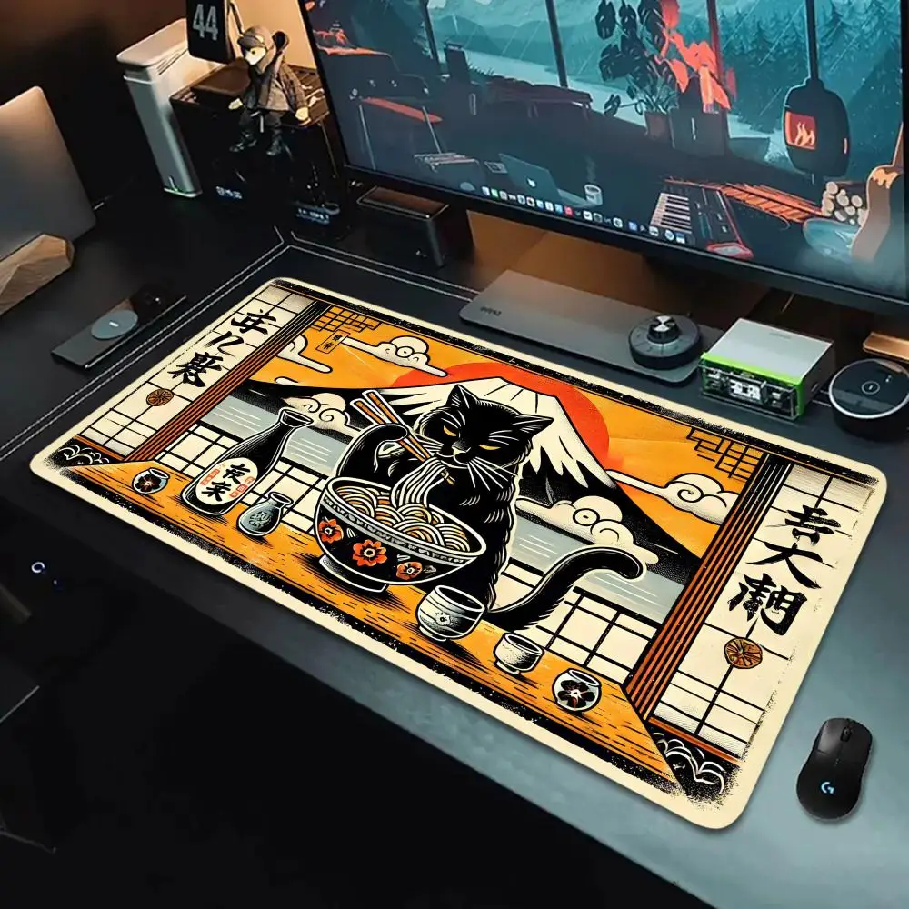 Kawaii Japanese Cat Eating Ramen Mouse Pad Gaming Non Slip MousePad XXL Large Rubber Office Table Mats HD Keyboard Long Desk Mat