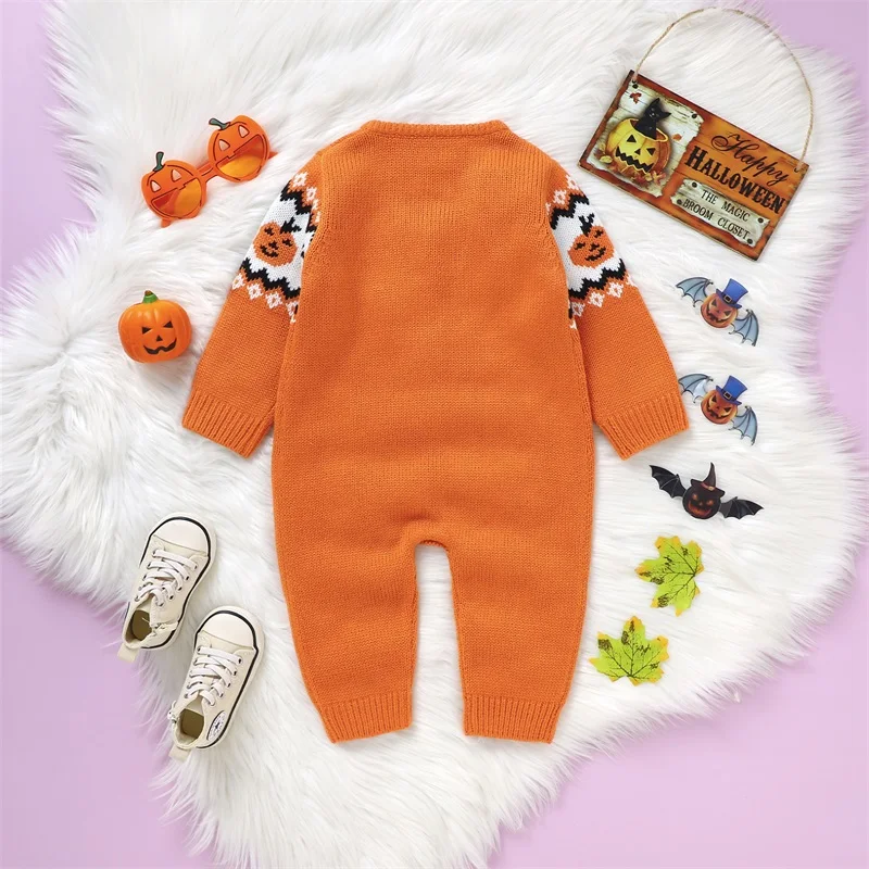 2023-07-07 Lioraitiin 0-24M Infant Baby Boy Girl Knit Sweater Halloween Rompers Pumpkin Print Button Long Sleeve Jumpsuit