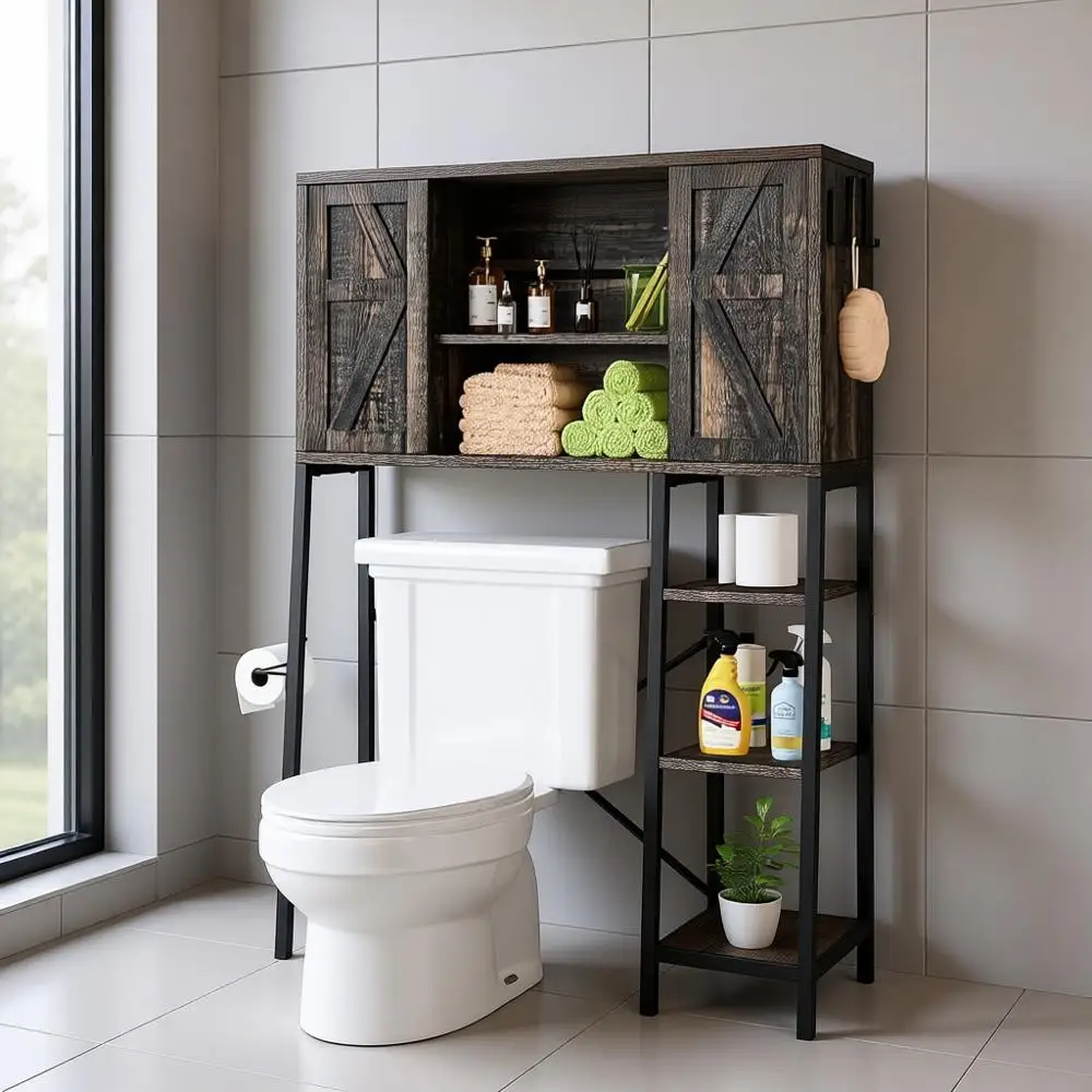 

Over The Toilet Storage Cabinet, Bathroom Storage with Shelves Rack, Tissue Reel and Hooks Over The Toilet Organizer for Bathroo