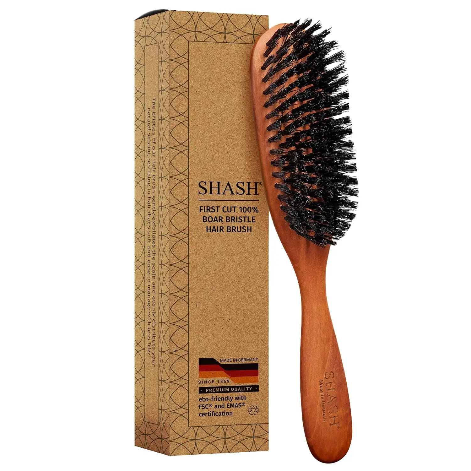 SHASH Classic German First Cut 100% Boar Bristle Hair Brush Since 1869 - Conditions Hair, Improves Texture, Exfoliates Scalp, Fi