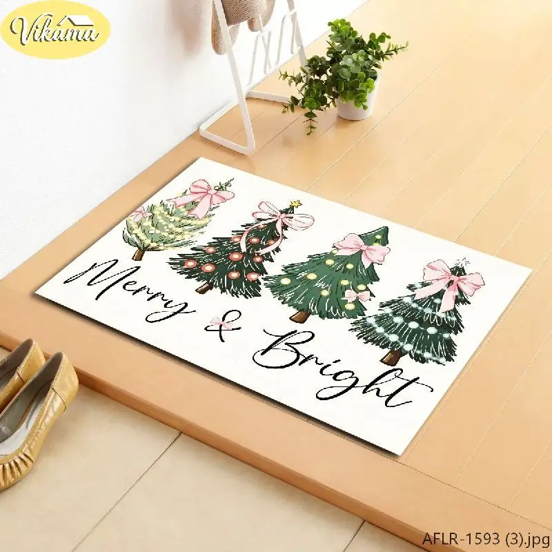 VIKAMA Christmas Tree Doormat Four Trees Pink Bow, Cream Welcome Mat Merry Bright Text, Non Slip Absorbent Rug, Xmas Home Decor