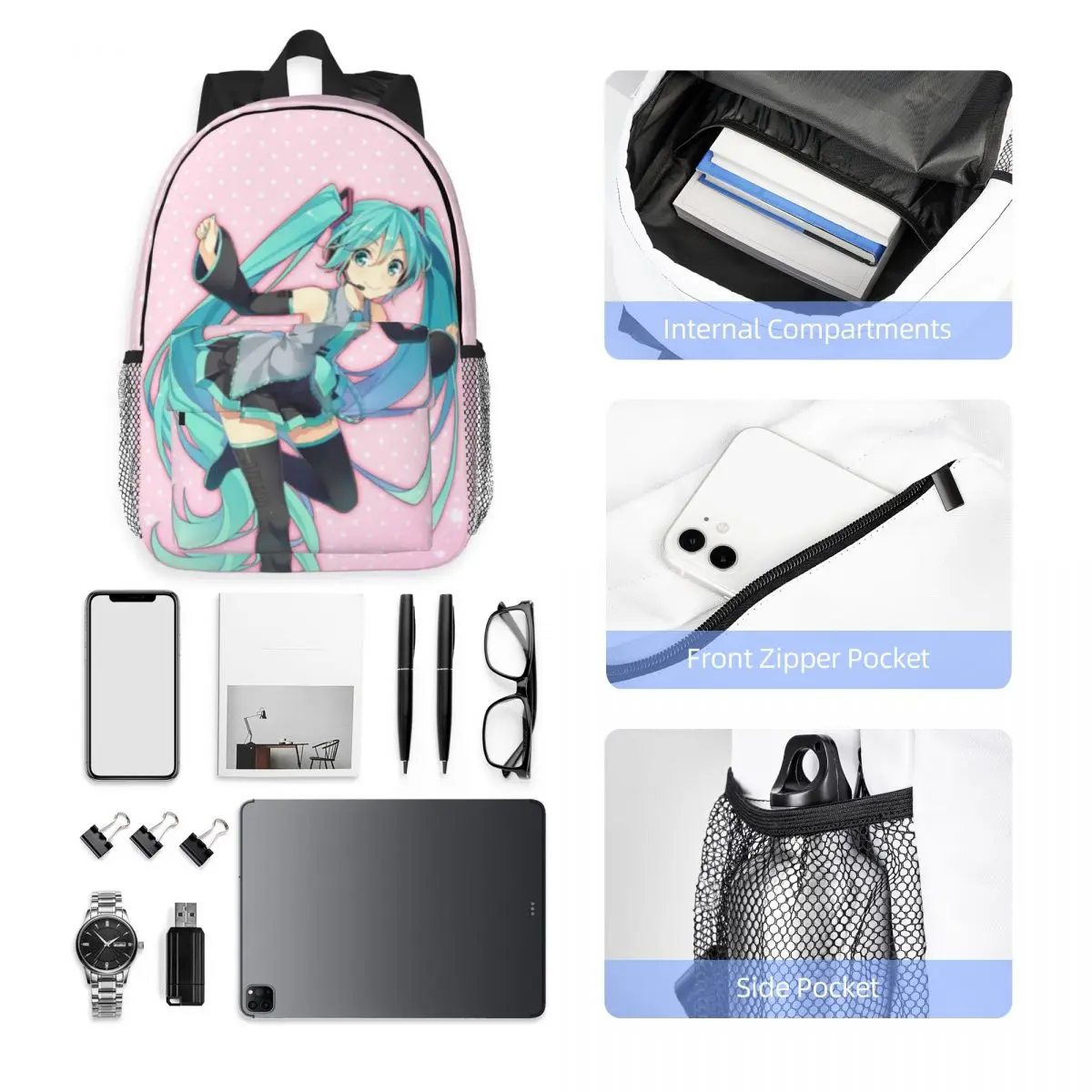 Hatsune Miku ransel kapasitas besar anak, ransel pelajar ringan tahan air 15 inci untuk anak laki-laki dan perempuan