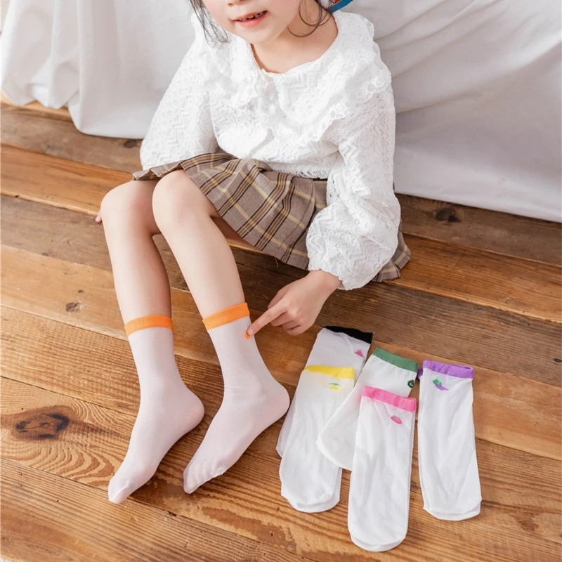 

M68A Set of 3 Pair Spring Summer Kids Breathable Calf Socks Fruit Design Soft Nylon Socks for Girls Age 3-13 Years