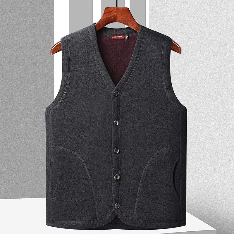 

2024 Autumn Winter Men New Fleece V-neck Buttons Vest Men Thick Warm Waistcoat Male Casual Thermal Sleeveless Jackets D648