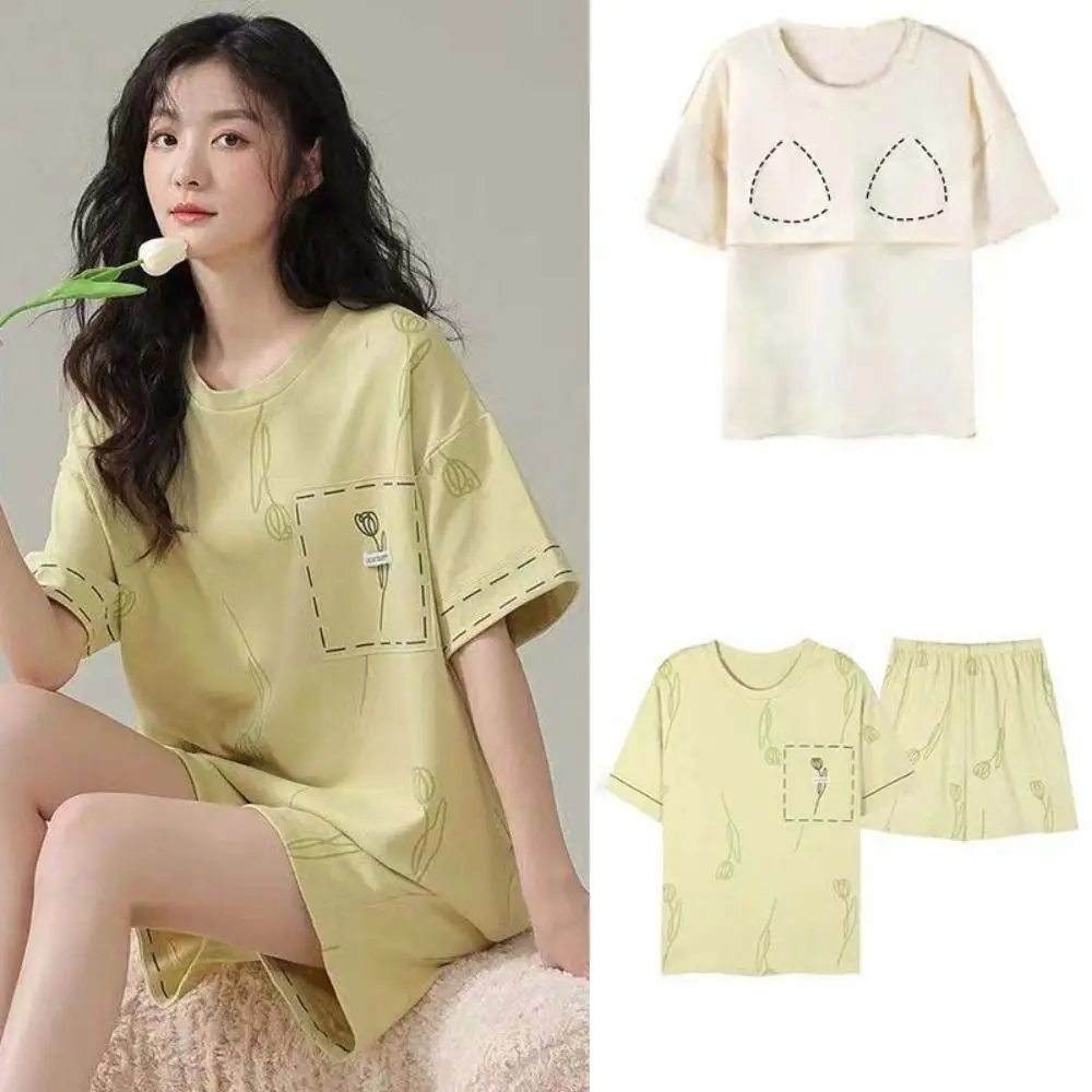 

Home Wear Flower Cotton Shorts Pajamas Set Thin Bear Rabbit Women Nightwear Suit Loose Short Sleeve Cartoon Cotton Pajamas Gifts