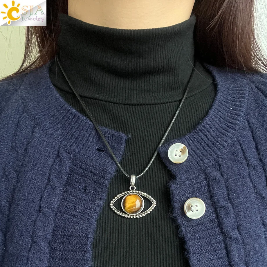 CSJA Eye Shape Pendant Necklace Healing Natural Stone Round Cabochon Bead Tiger eye Amethysts Crystal Jewelry Gift H568